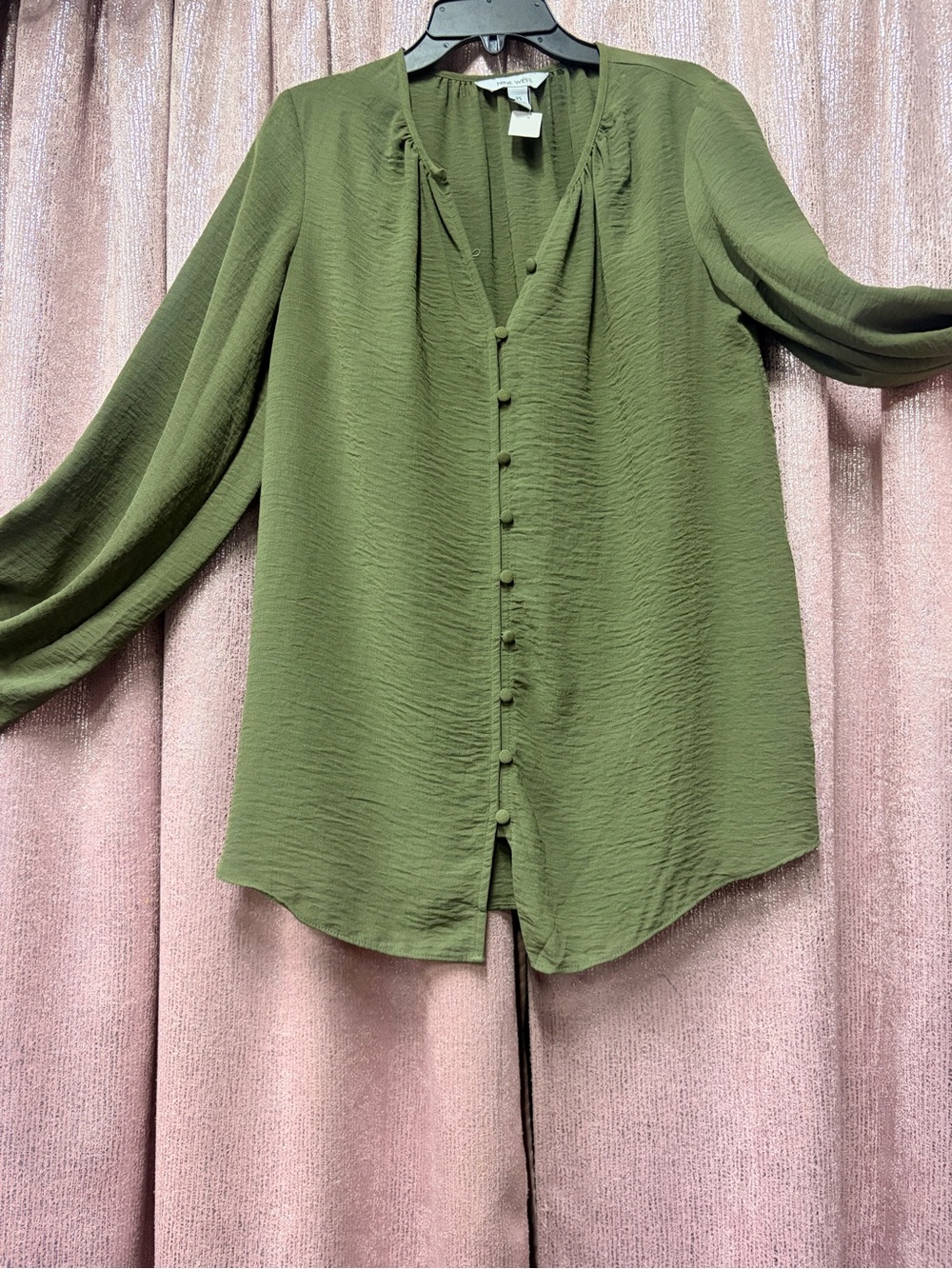 Nine West Olive Green Textured Long-Sleeve Blouse
